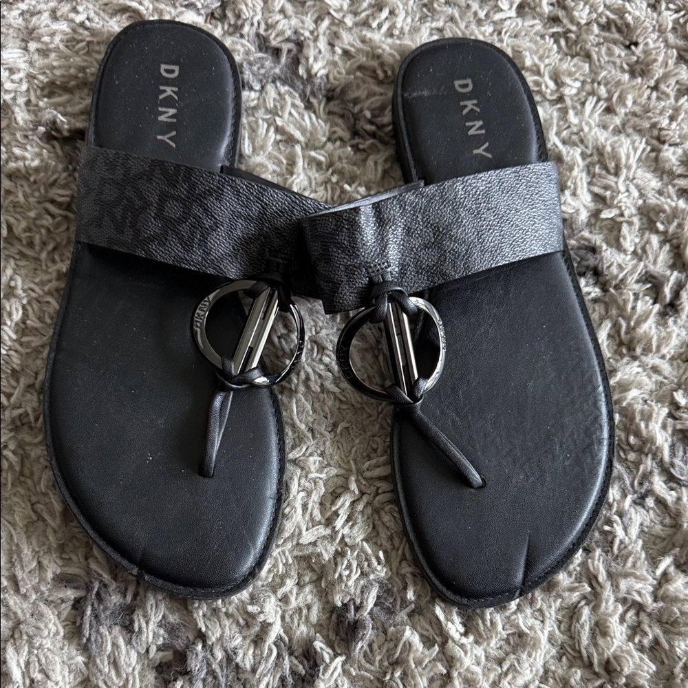 DKNY Black Patterned Logo Toe-Ring Slides - image 2